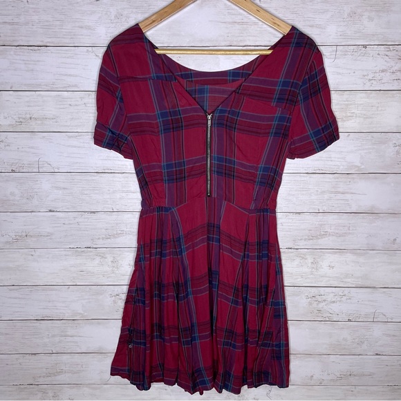 Volcom Red Blue Plaid Short Sleeve Skater Mini Dress - Picture 6 of 7